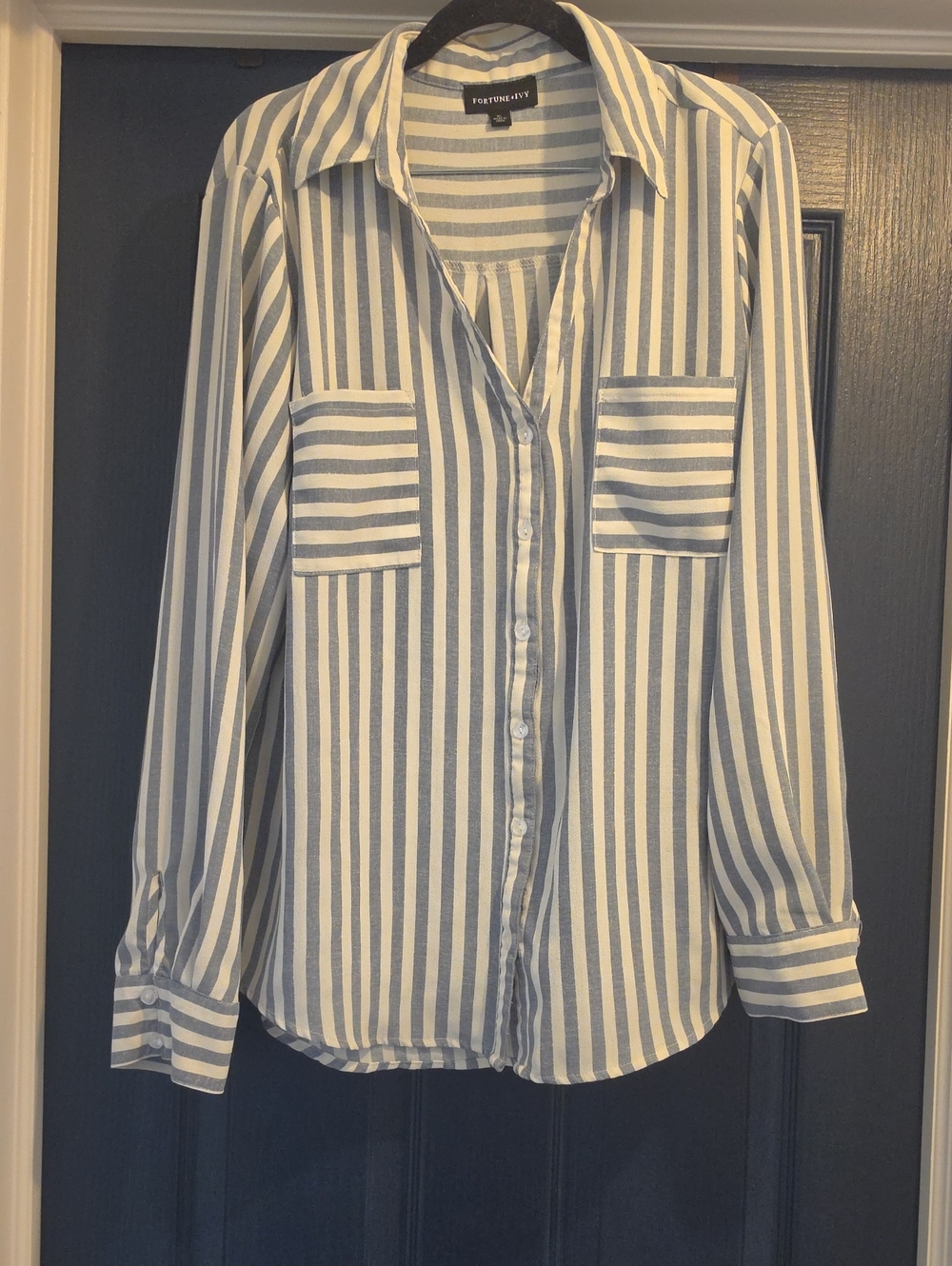Fortune & Ivy Women's XL Blue and White Vertical Stripe Men's Button-Down Shirt